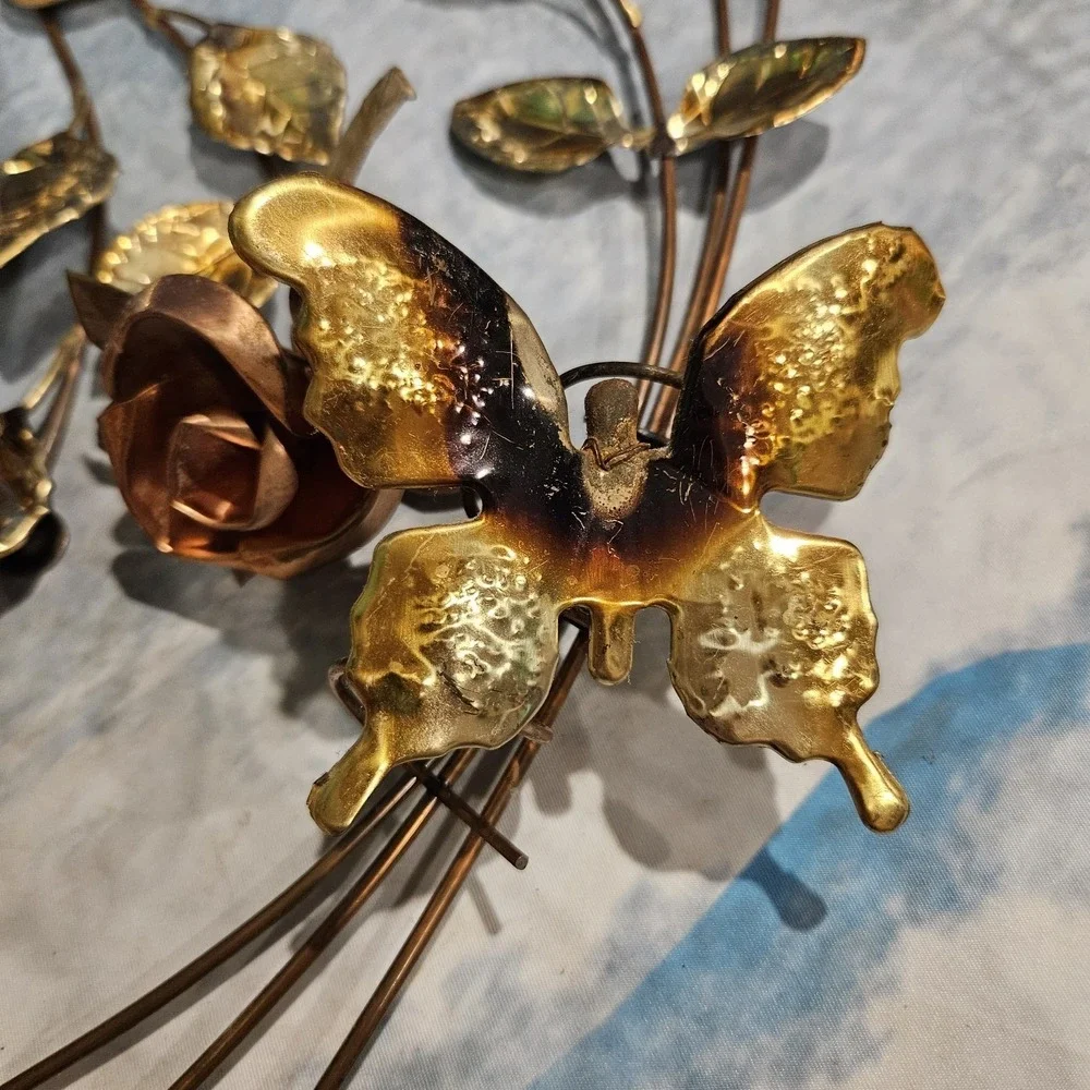 Vintage Metal Rose Wall Decor‎ Gold Copper Butterflies Floral Hanging 20